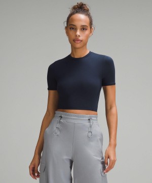 Lululemon Wundermost Ultra-Soft Nulu Crewneck Cropped T-shirt Dam Marinblå | SE_LuLu43950