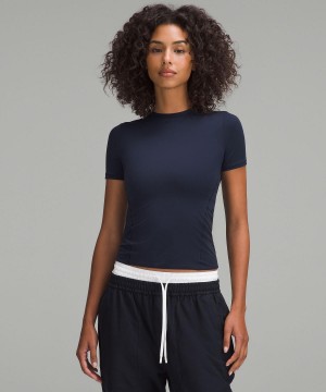 Lululemon Wundermost Ultra-Soft Nulu Hip-Length Crew Short-Sleeve Skjorta Dam Marinblå | SE_LuLu26542